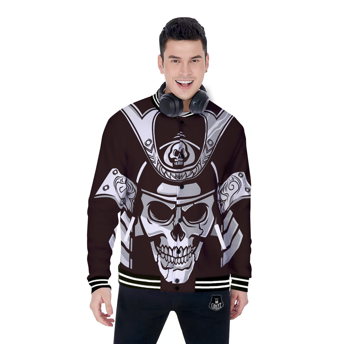 Mask Black Samurai Print Baseball Jacket-grizzshop