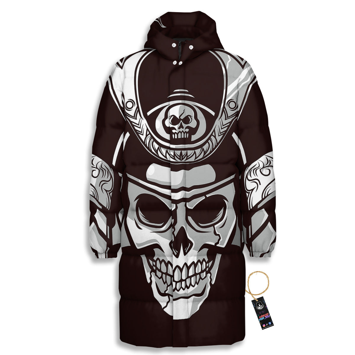 Mask Black Samurai Print Long Down Jacket-grizzshop