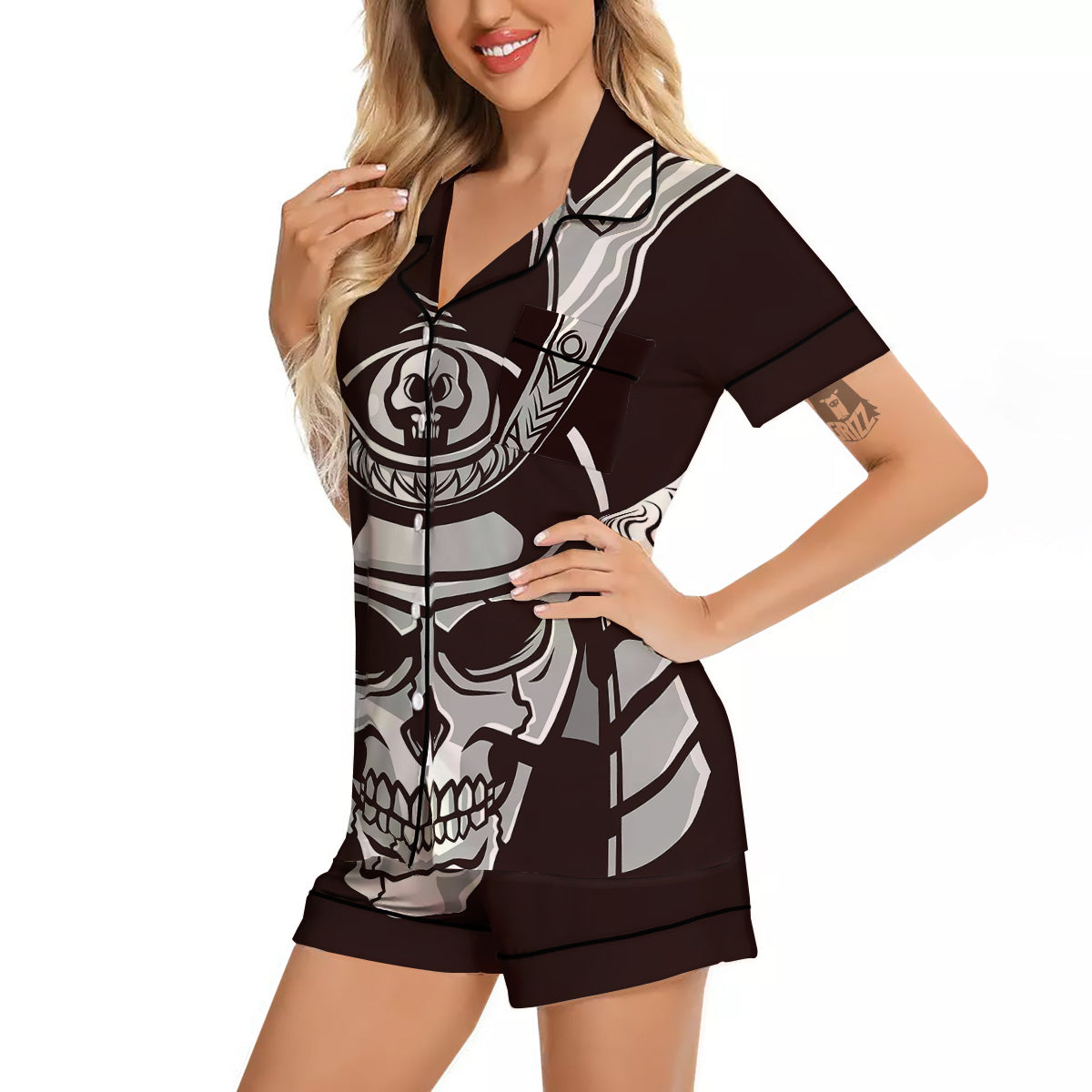 Mask Black Samurai Print Women Silk Pajamas-grizzshop