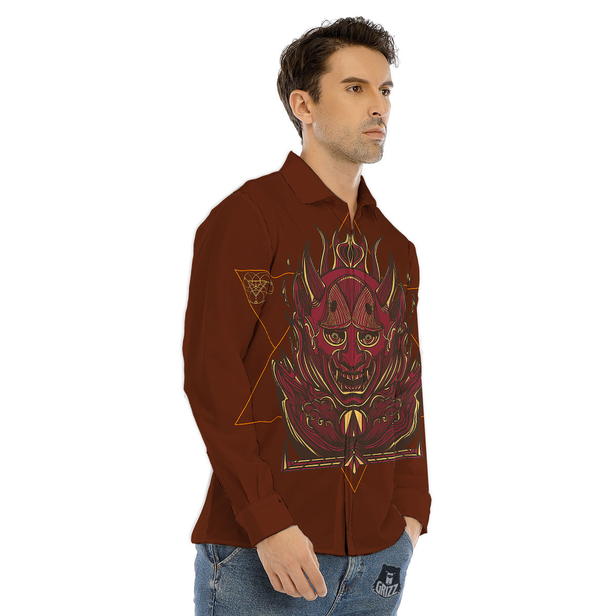 Mask Geometric Samurai Print Men's Dress Shirts-grizzshop