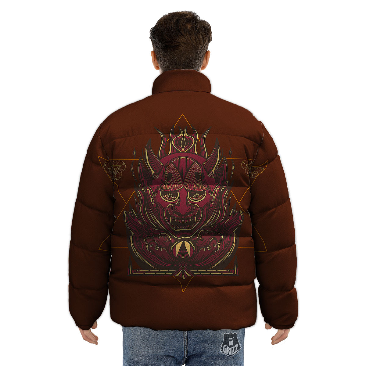 Mask Geometric Samurai Print Puffer Jacket-grizzshop