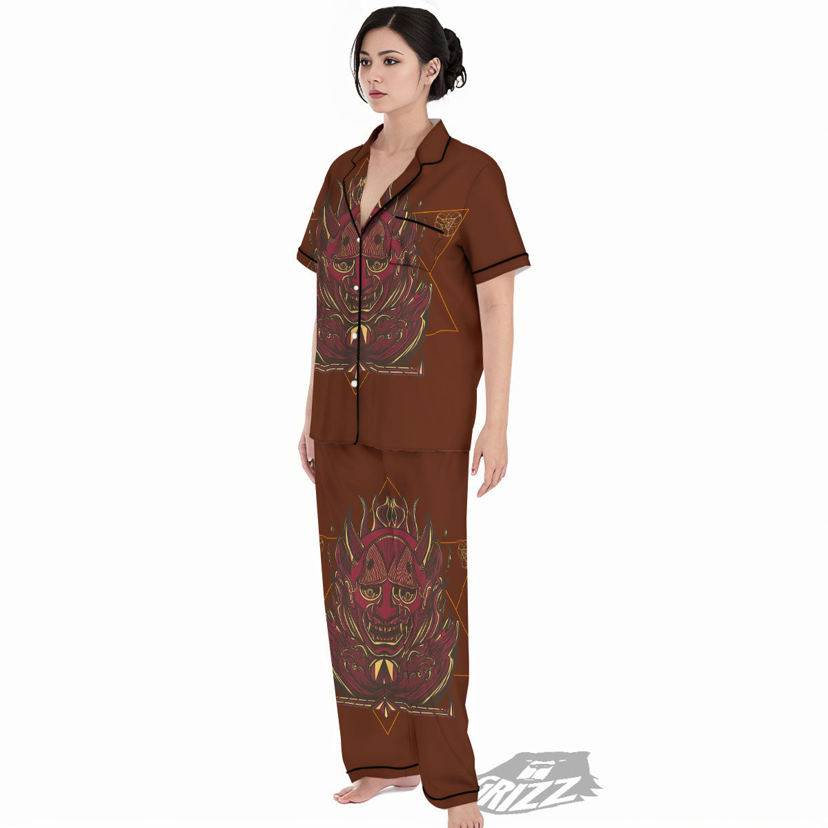 Mask Geometric Samurai Print Women's Pajamas Set-grizzshop