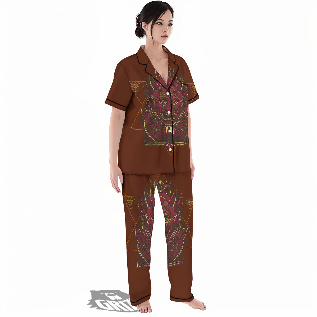 Mask Geometric Samurai Print Women's Pajamas Set-grizzshop