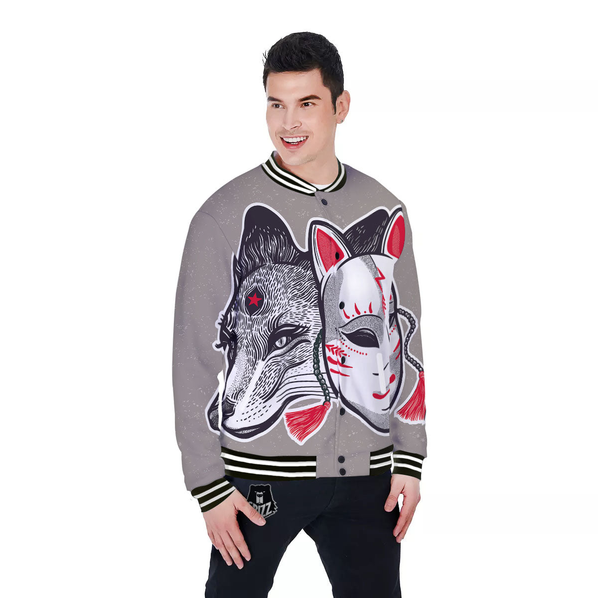 Mask Japanese Fox Print Baseball Jacket-grizzshop