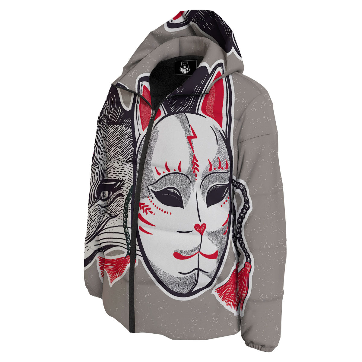 Mask Japanese Fox Print Down Jacket-grizzshop
