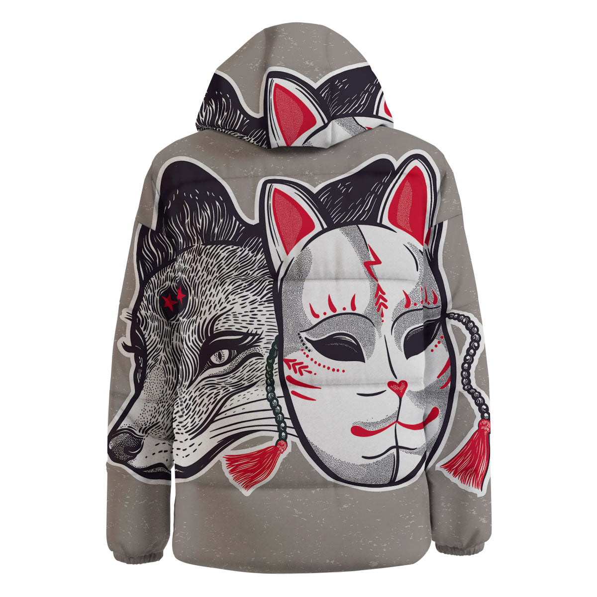 Mask Japanese Fox Print Down Jacket-grizzshop