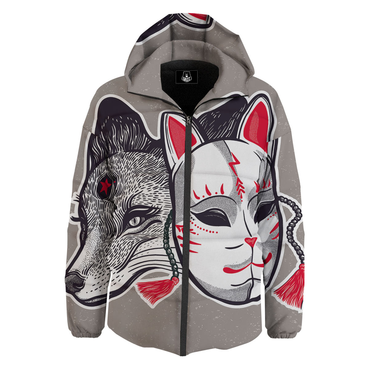Mask Japanese Fox Print Down Jacket-grizzshop