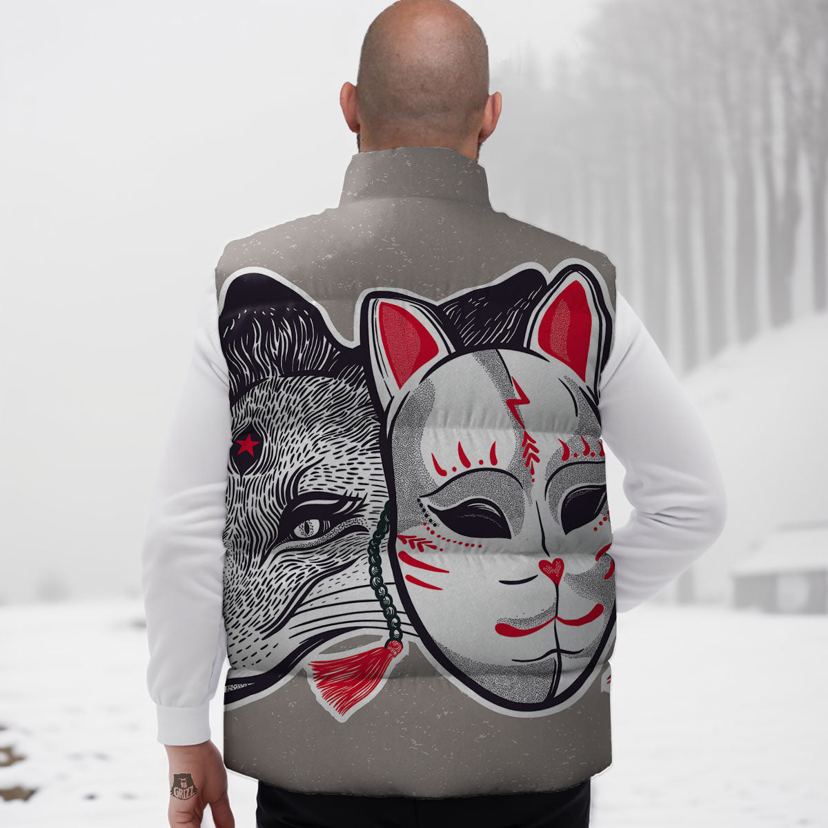 Mask Japanese Fox Print Down Vest