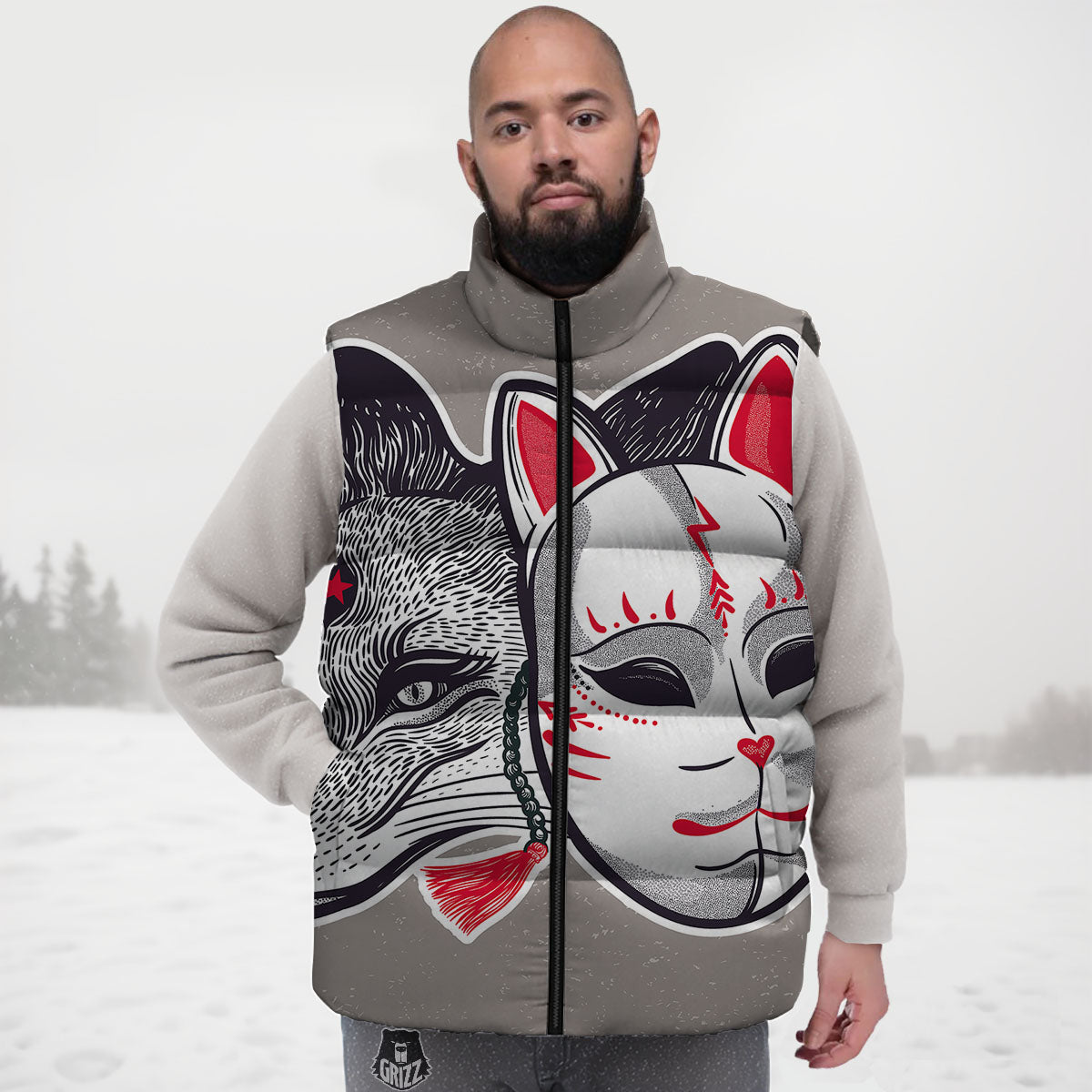 Mask Japanese Fox Print Down Vest