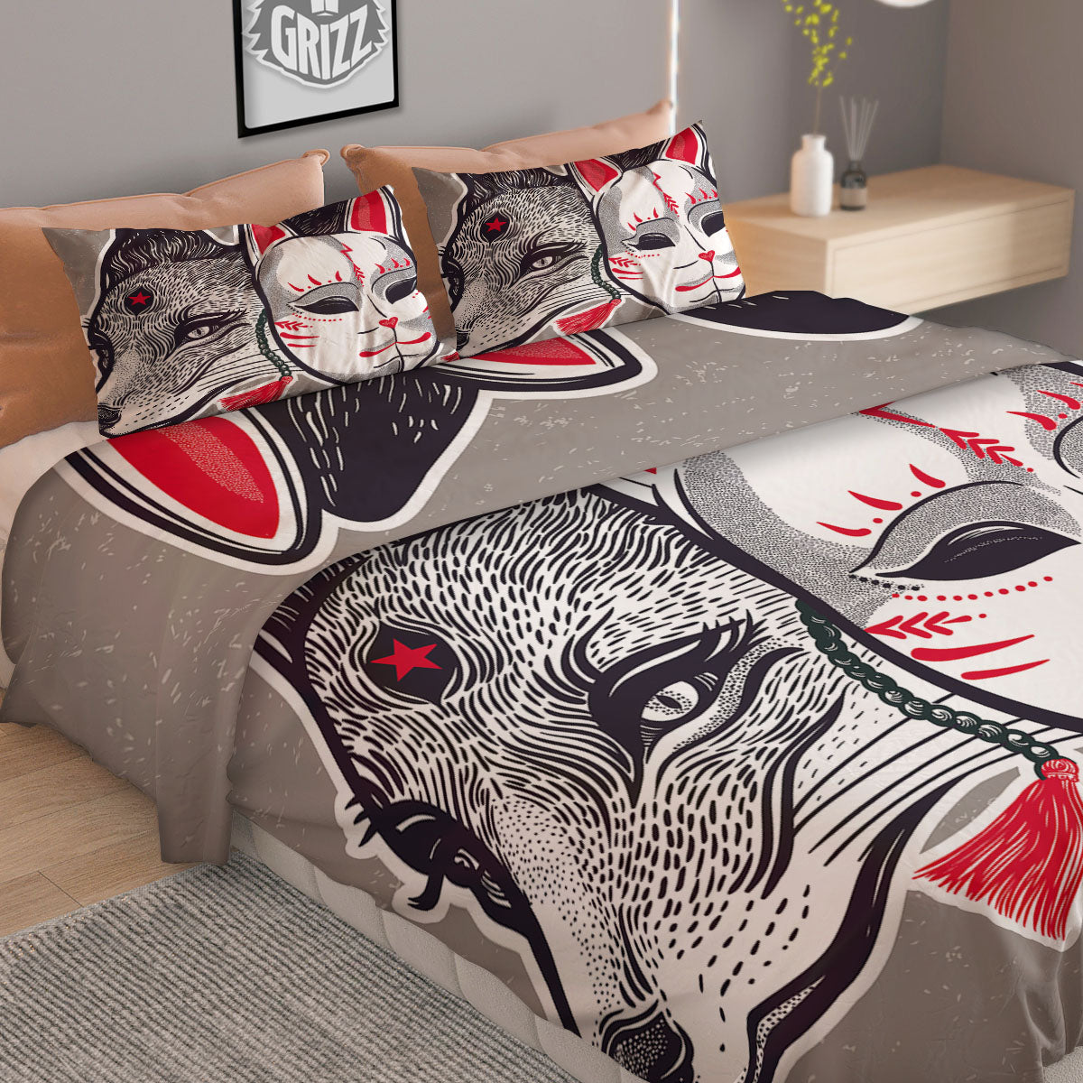 Mask Japanese Fox Print Duvet Cover Bedding Set
