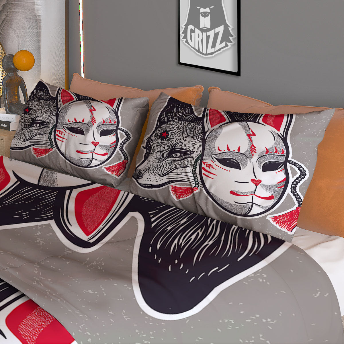 Mask Japanese Fox Print Duvet Cover Bedding Set