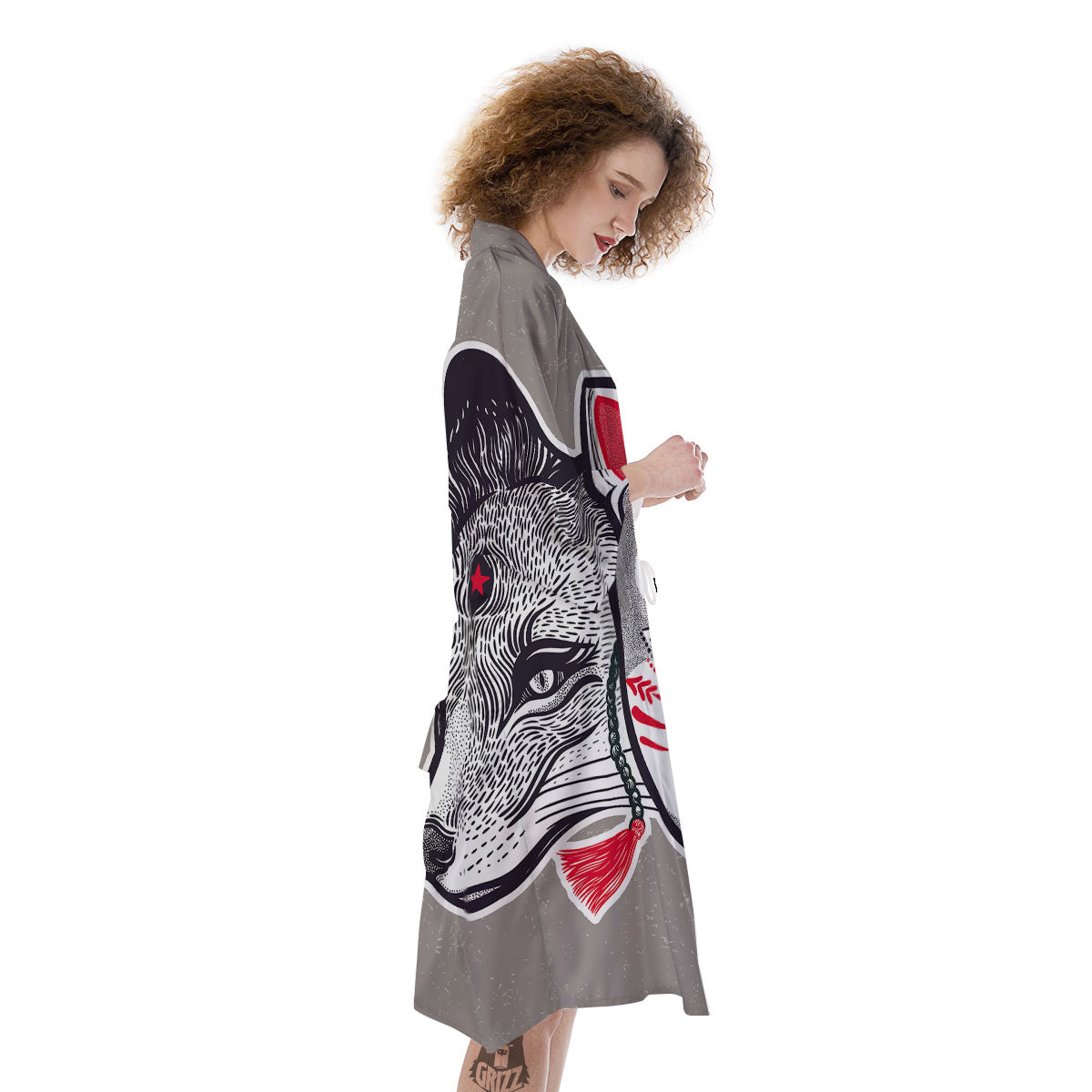 Mask Japanese Fox Print Kimono-grizzshop