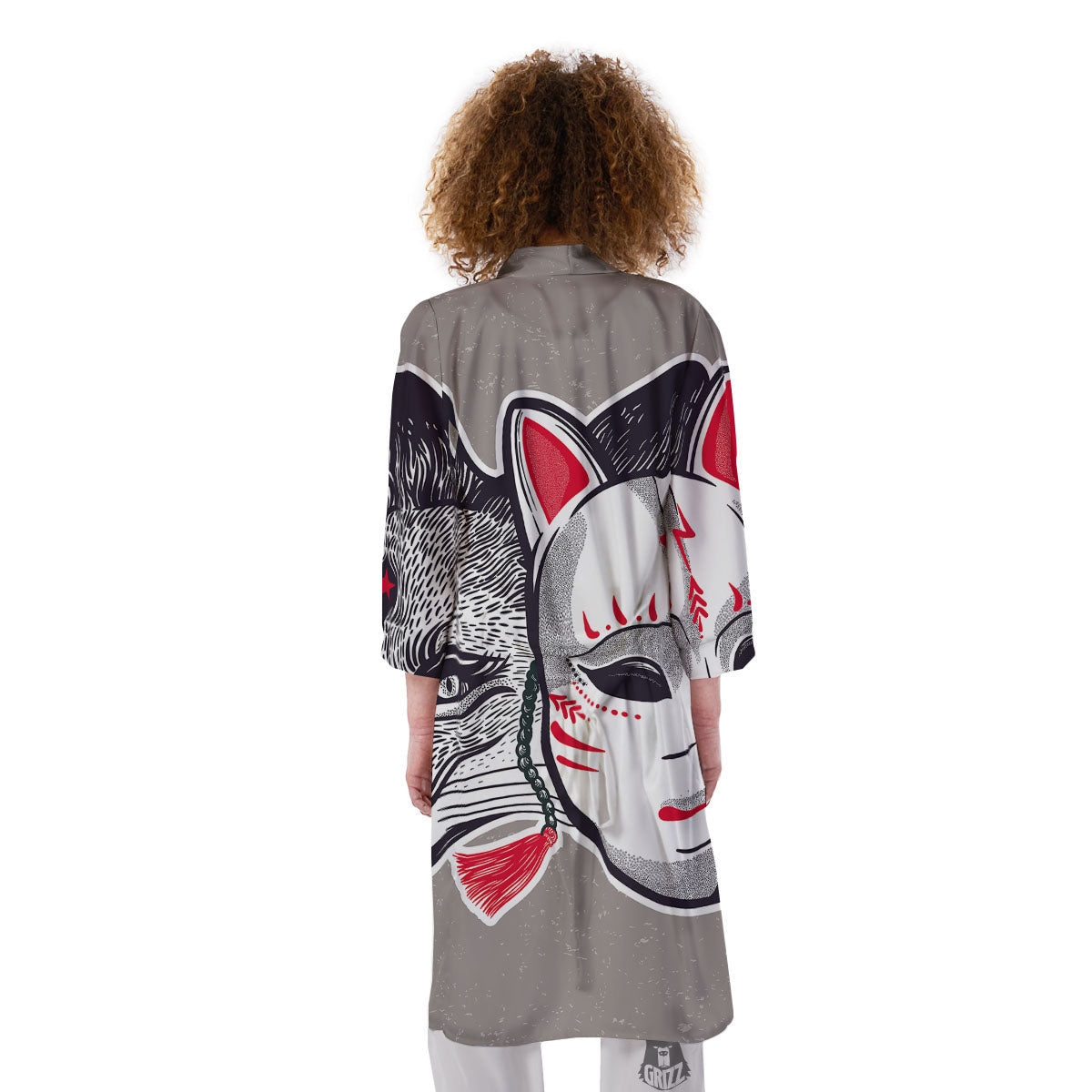 Mask Japanese Fox Print Kimono-grizzshop