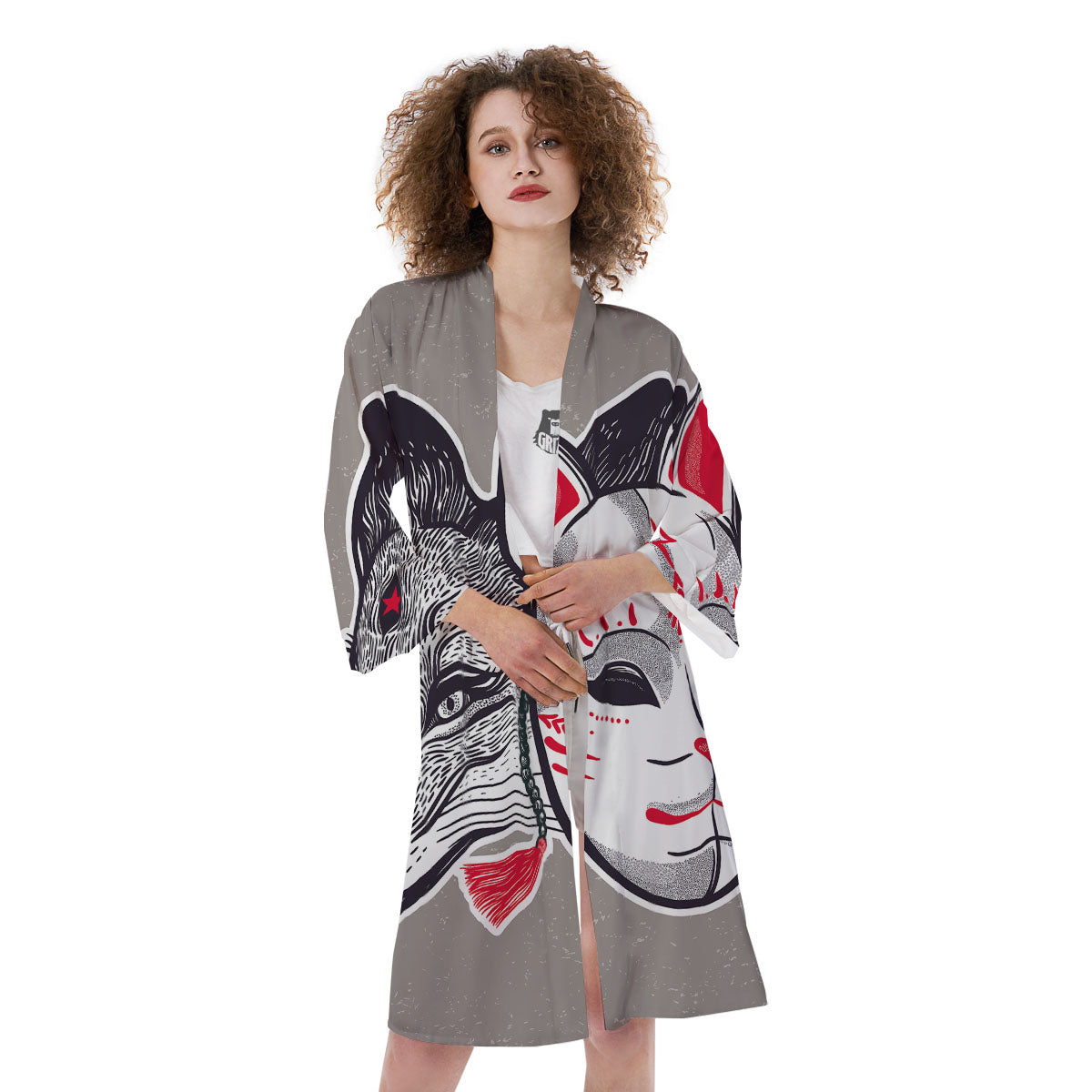 Mask Japanese Fox Print Kimono-grizzshop