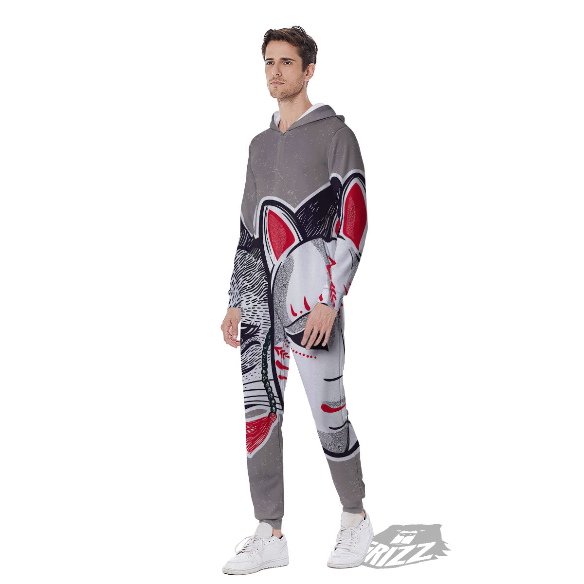 Mask Japanese Fox Print Men's Jumpsuit-grizzshop