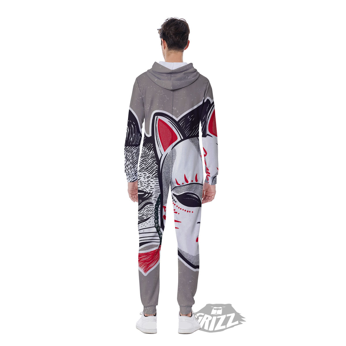 Mask Japanese Fox Print Men's Jumpsuit-grizzshop