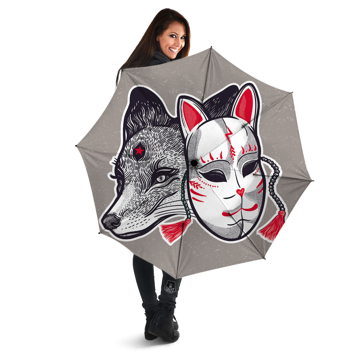 Mask Japanese Fox Print Umbrella-grizzshop