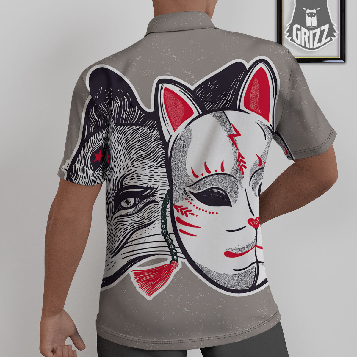 Mask Japanese Fox Print Untucked Shirts-grizzshop