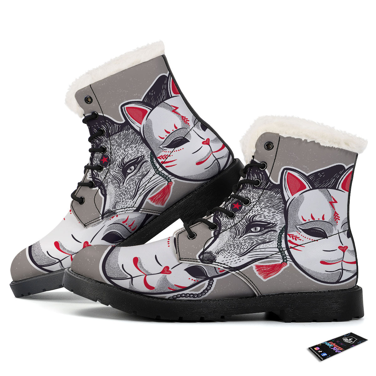 Mask Japanese Fox Print Winter Boots-grizzshop
