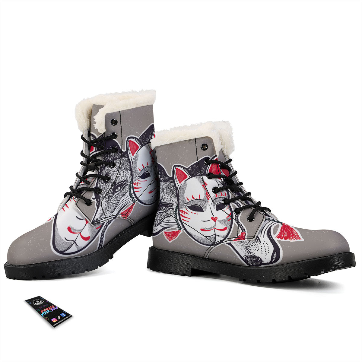 Mask Japanese Fox Print Winter Boots-grizzshop