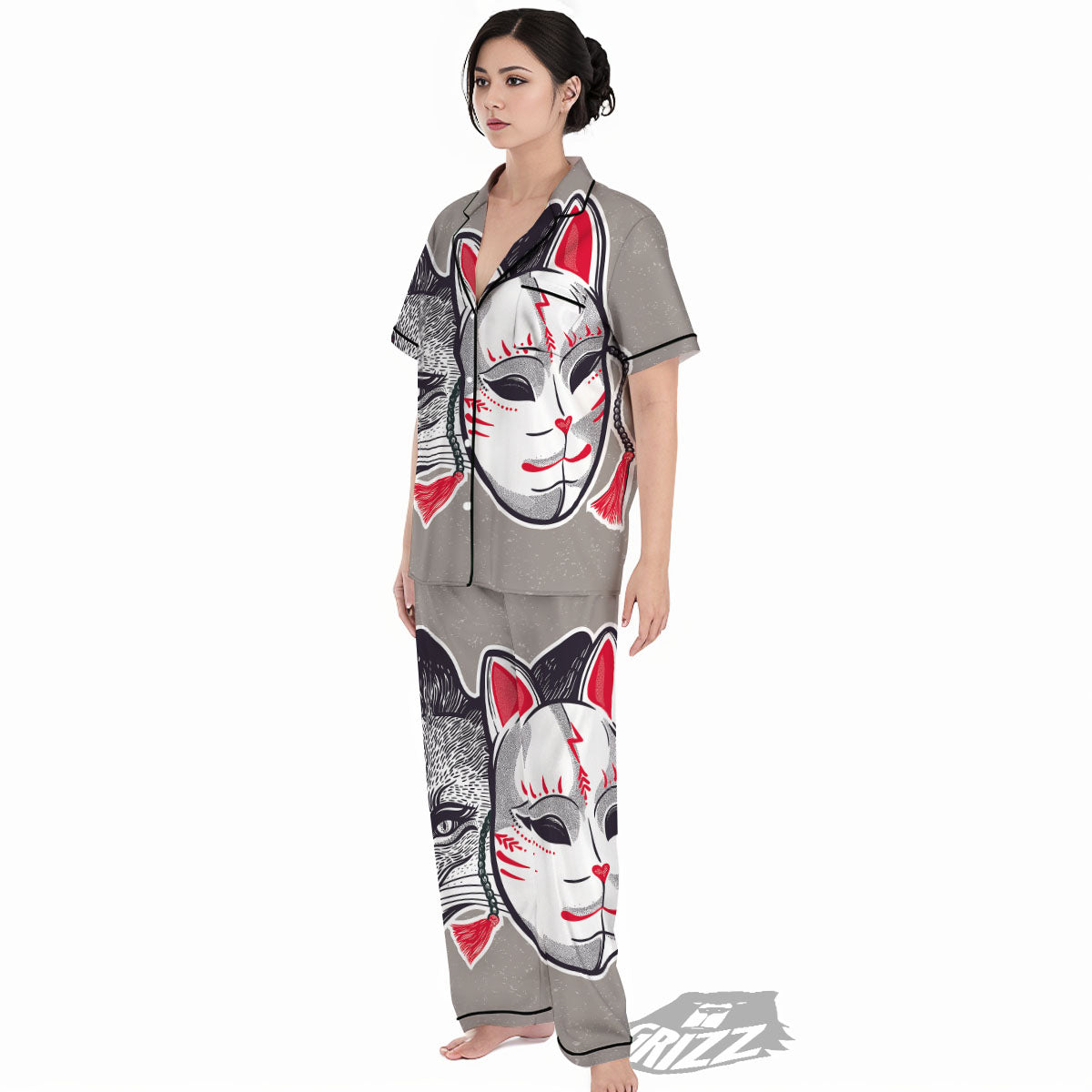 Mask Japanese Fox Print Women's Pajamas Set-grizzshop