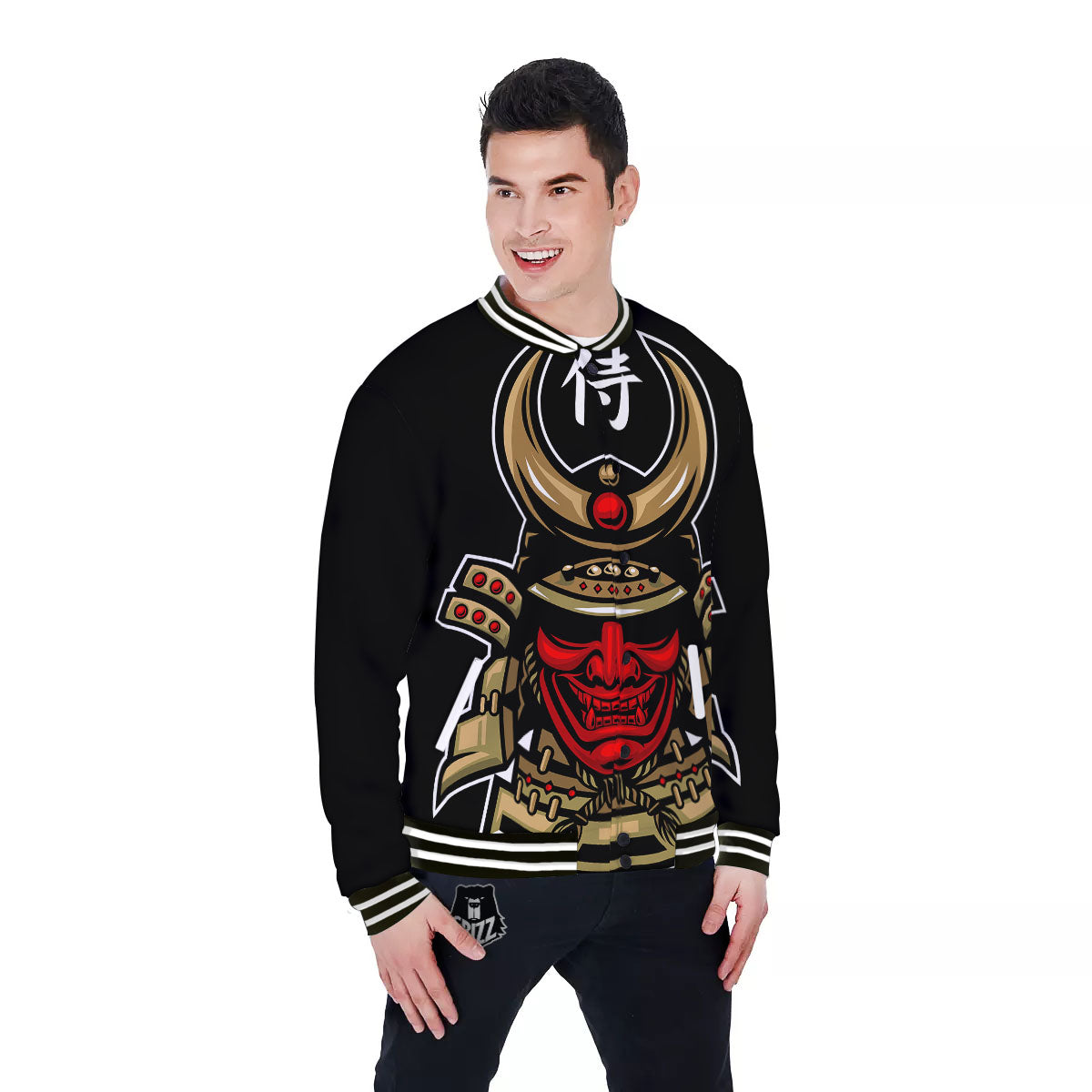 Mask Japanese Samurai Print Baseball Jacket-grizzshop