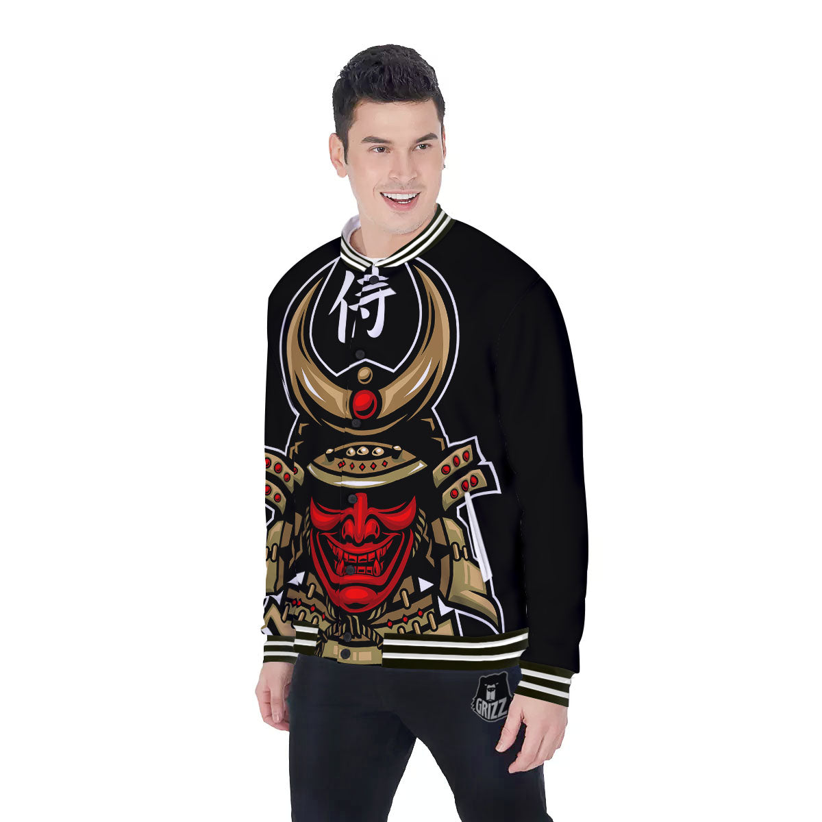 Mask Japanese Samurai Print Baseball Jacket-grizzshop