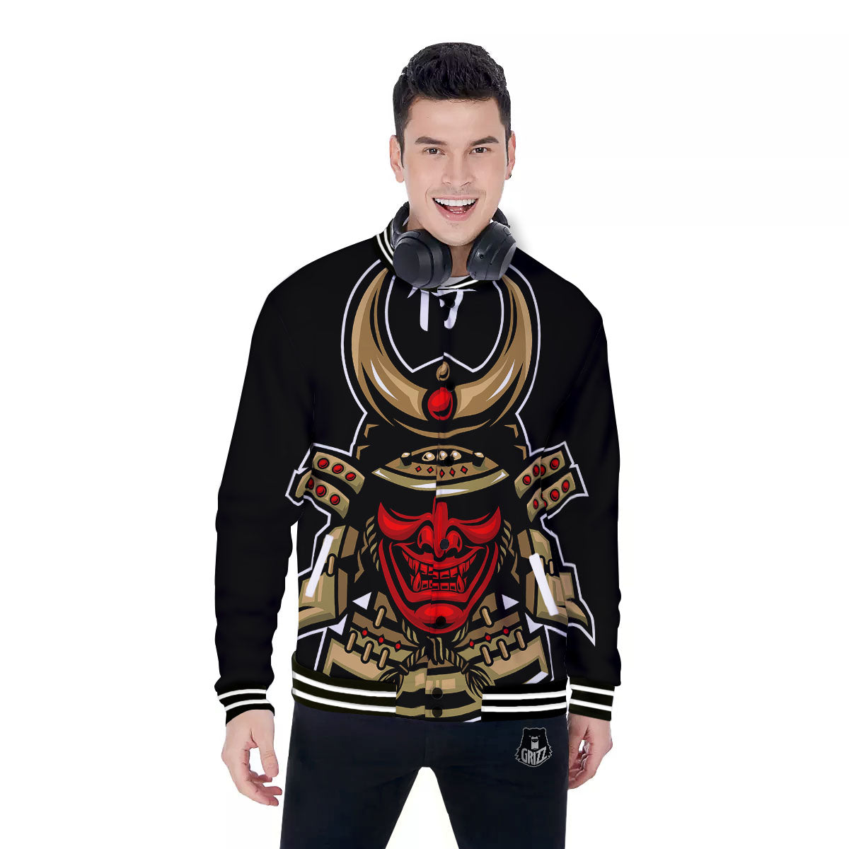 Mask Japanese Samurai Print Baseball Jacket-grizzshop