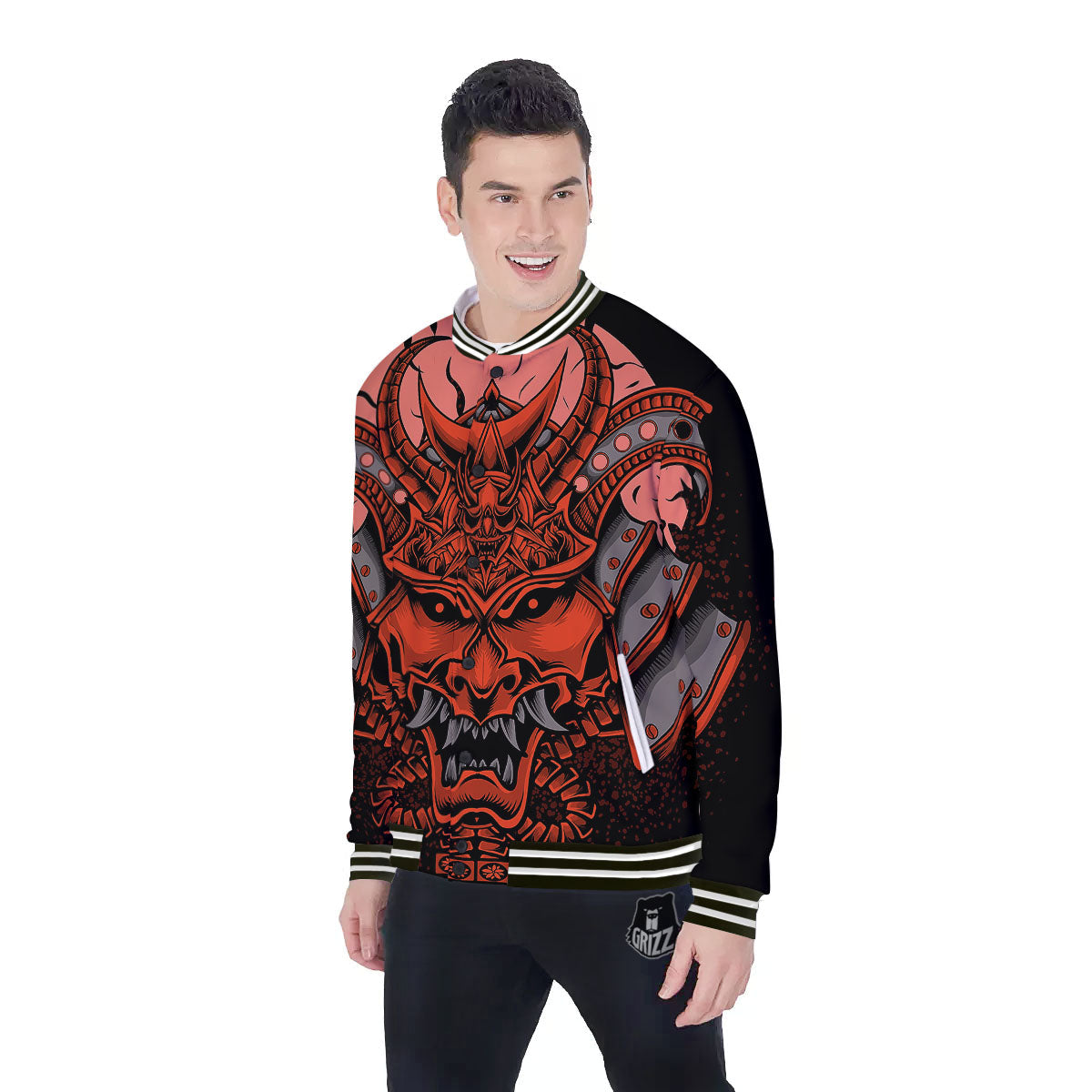 Mask Red Samurai Print Baseball Jacket-grizzshop