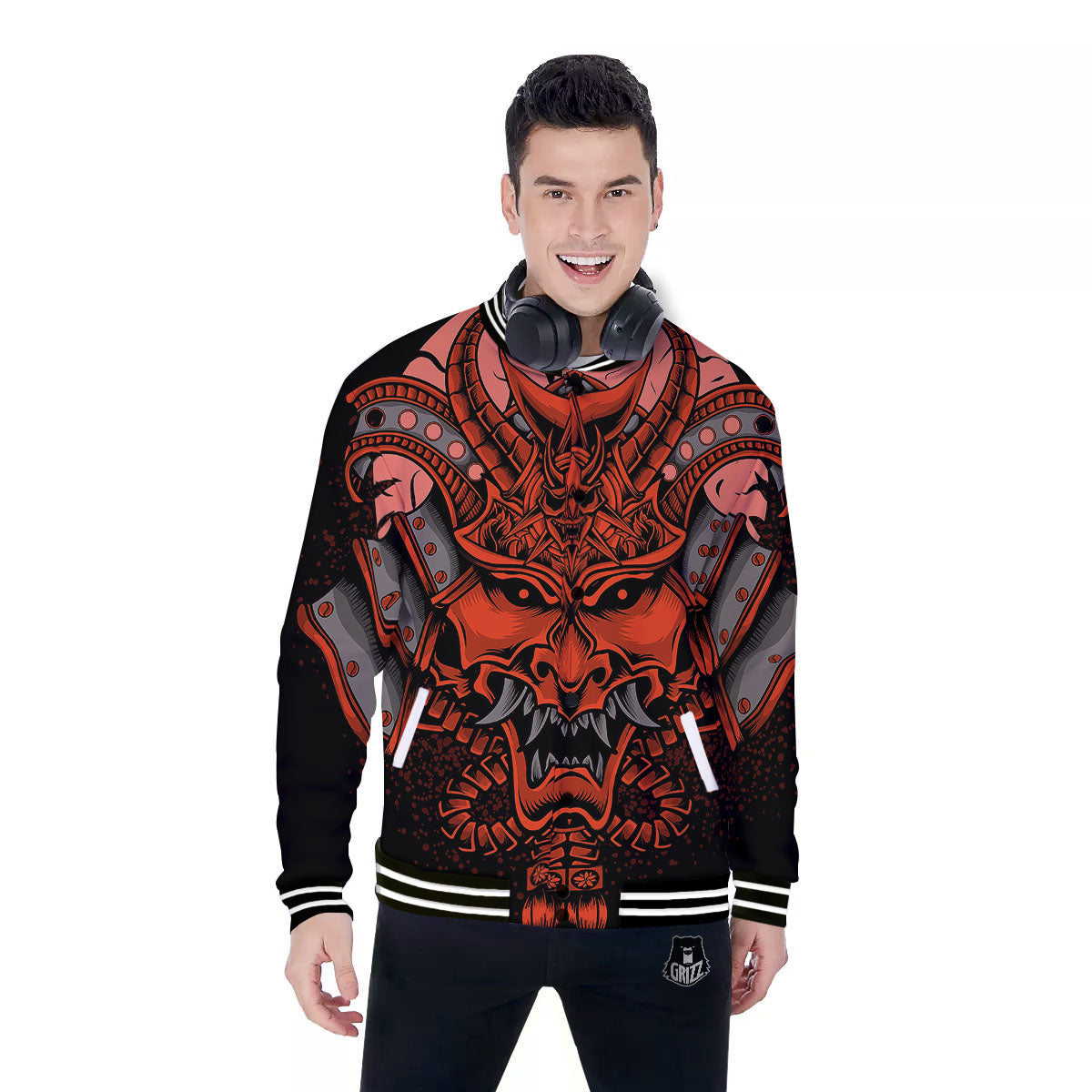 Mask Red Samurai Print Baseball Jacket-grizzshop