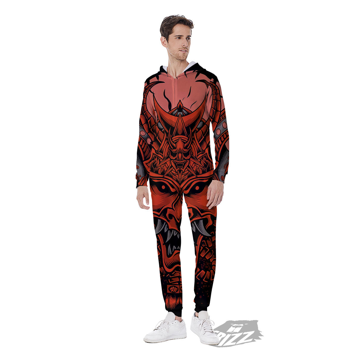 Mask Red Samurai Print Men's Jumpsuit-grizzshop