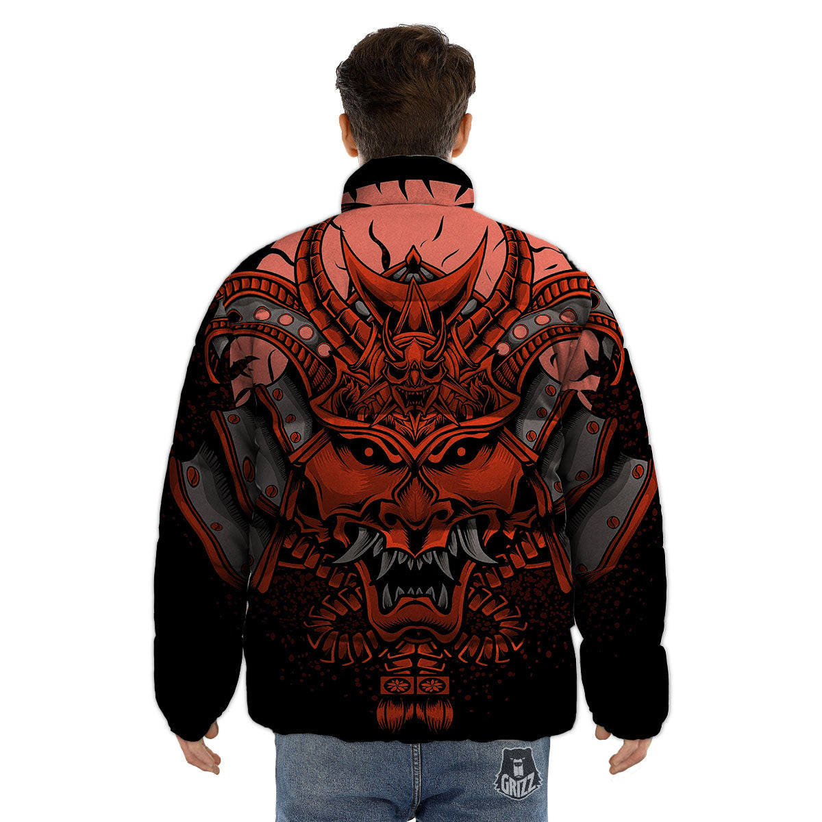 Mask Red Samurai Print Puffer Jacket-grizzshop
