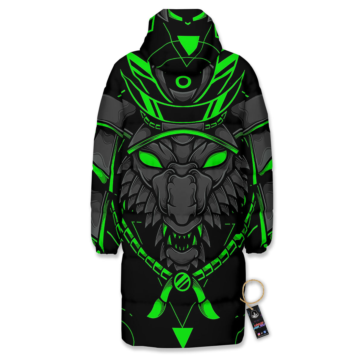 Mask Robot Samurai Print Long Down Jacket-grizzshop