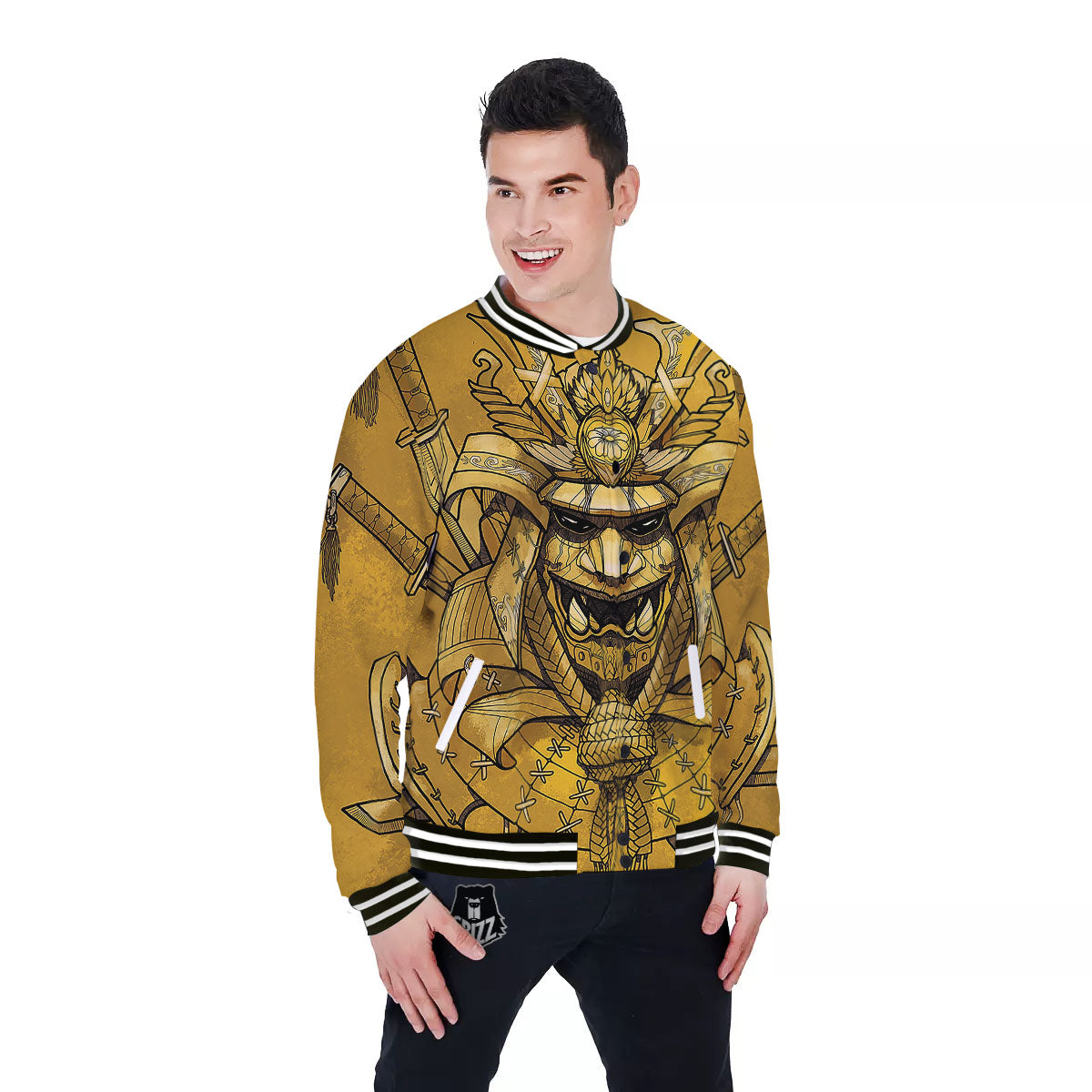 Mask Samurai Gold Print Baseball Jacket-grizzshop