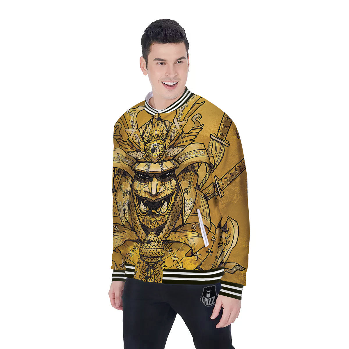 Mask Samurai Gold Print Baseball Jacket-grizzshop