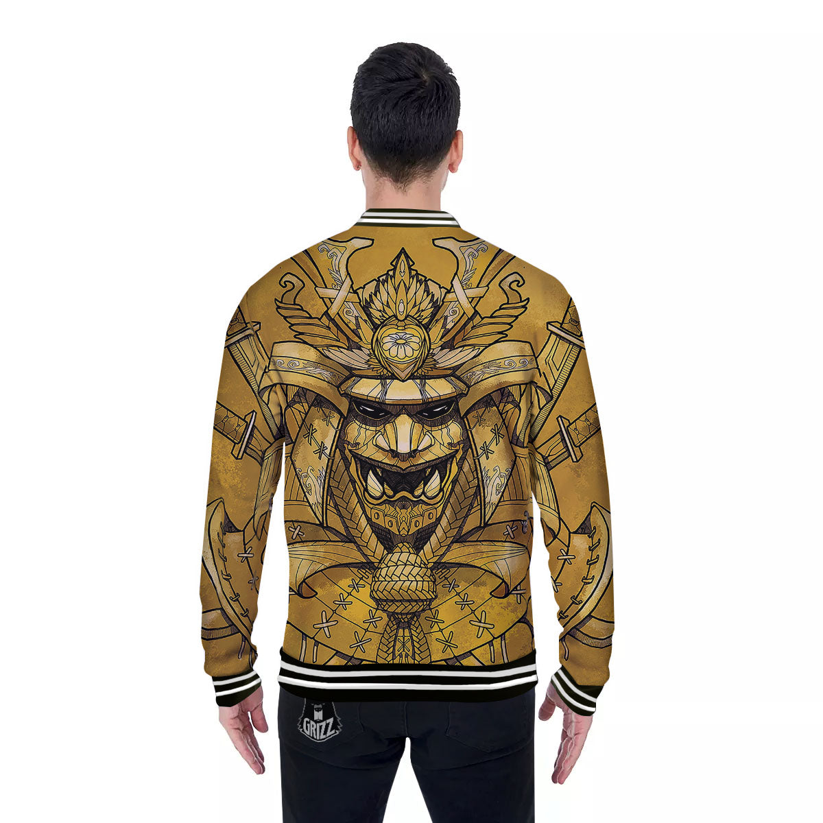 Mask Samurai Gold Print Baseball Jacket-grizzshop