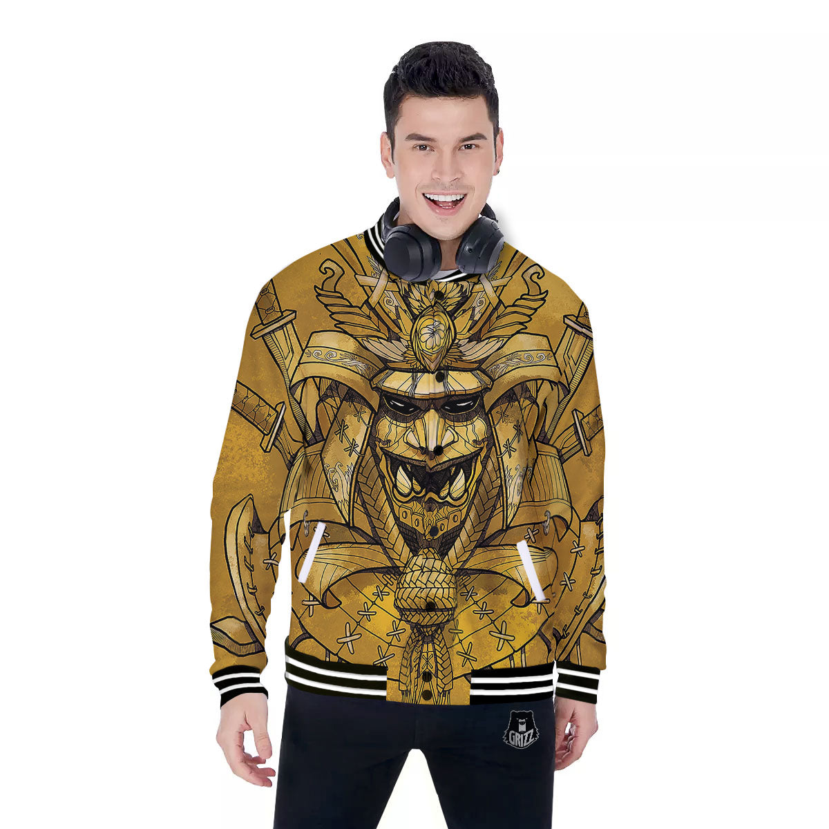 Mask Samurai Gold Print Baseball Jacket-grizzshop