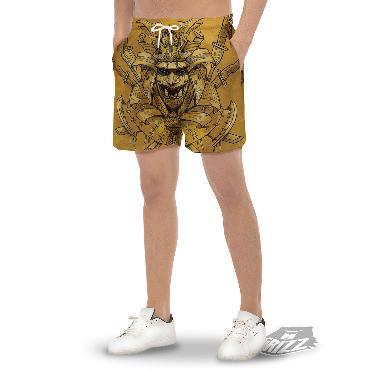 Mask Samurai Gold Print Men's Gym Shorts-grizzshop