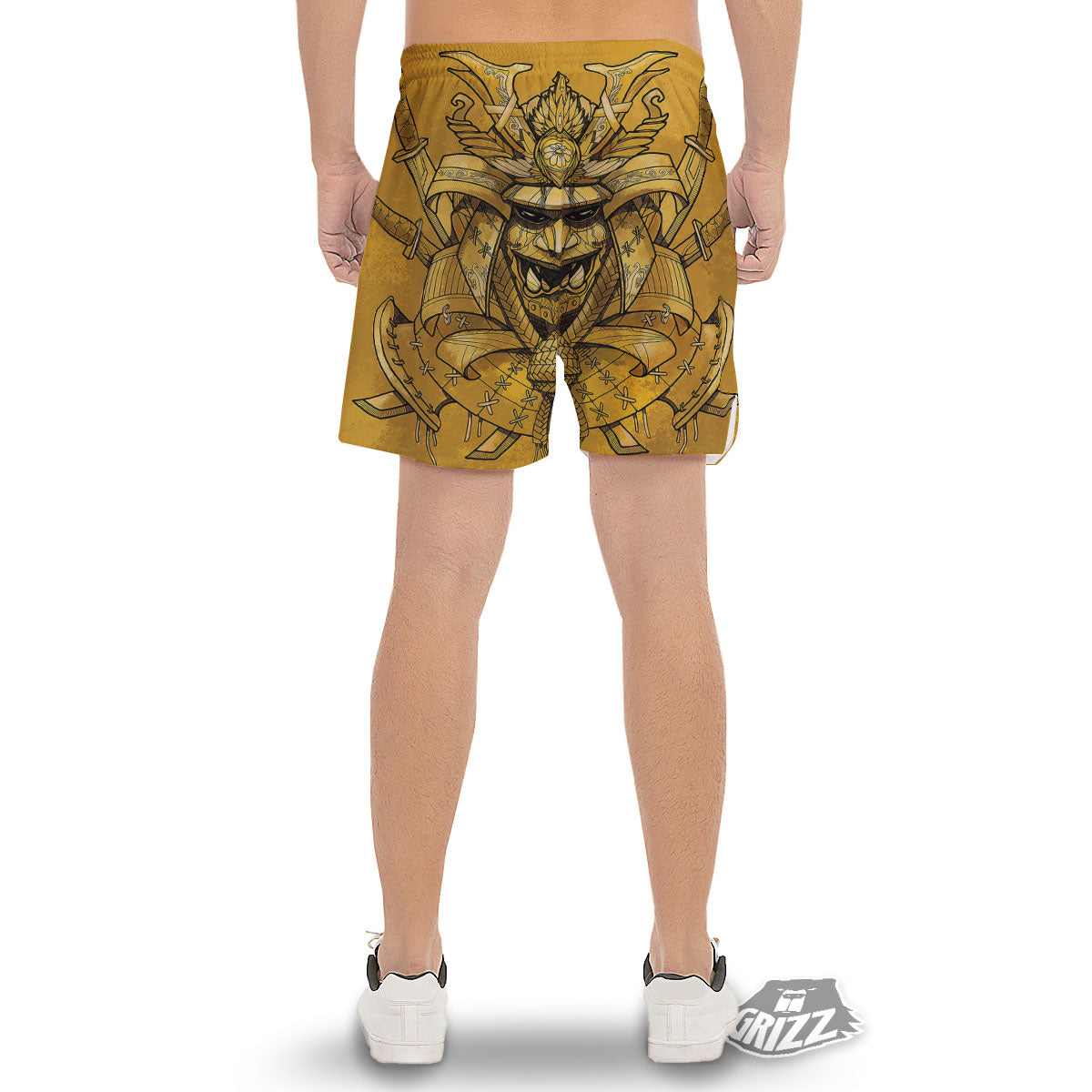 Mask Samurai Gold Print Men's Gym Shorts-grizzshop