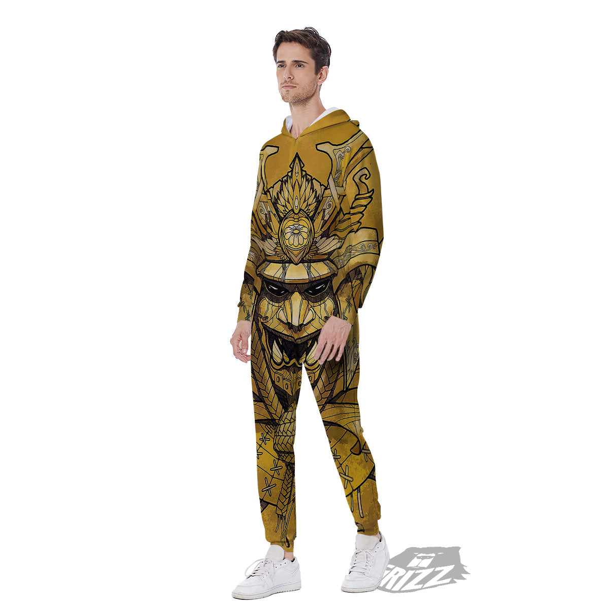 Mask Samurai Gold Print Men's Jumpsuit-grizzshop