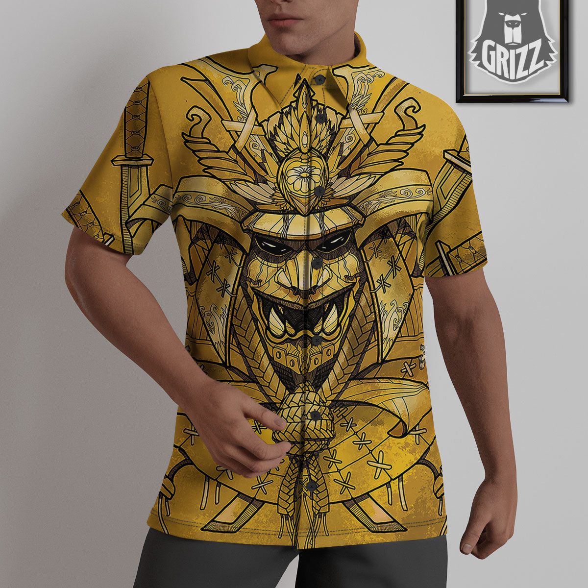 Mask Samurai Gold Print Untucked Shirts-grizzshop
