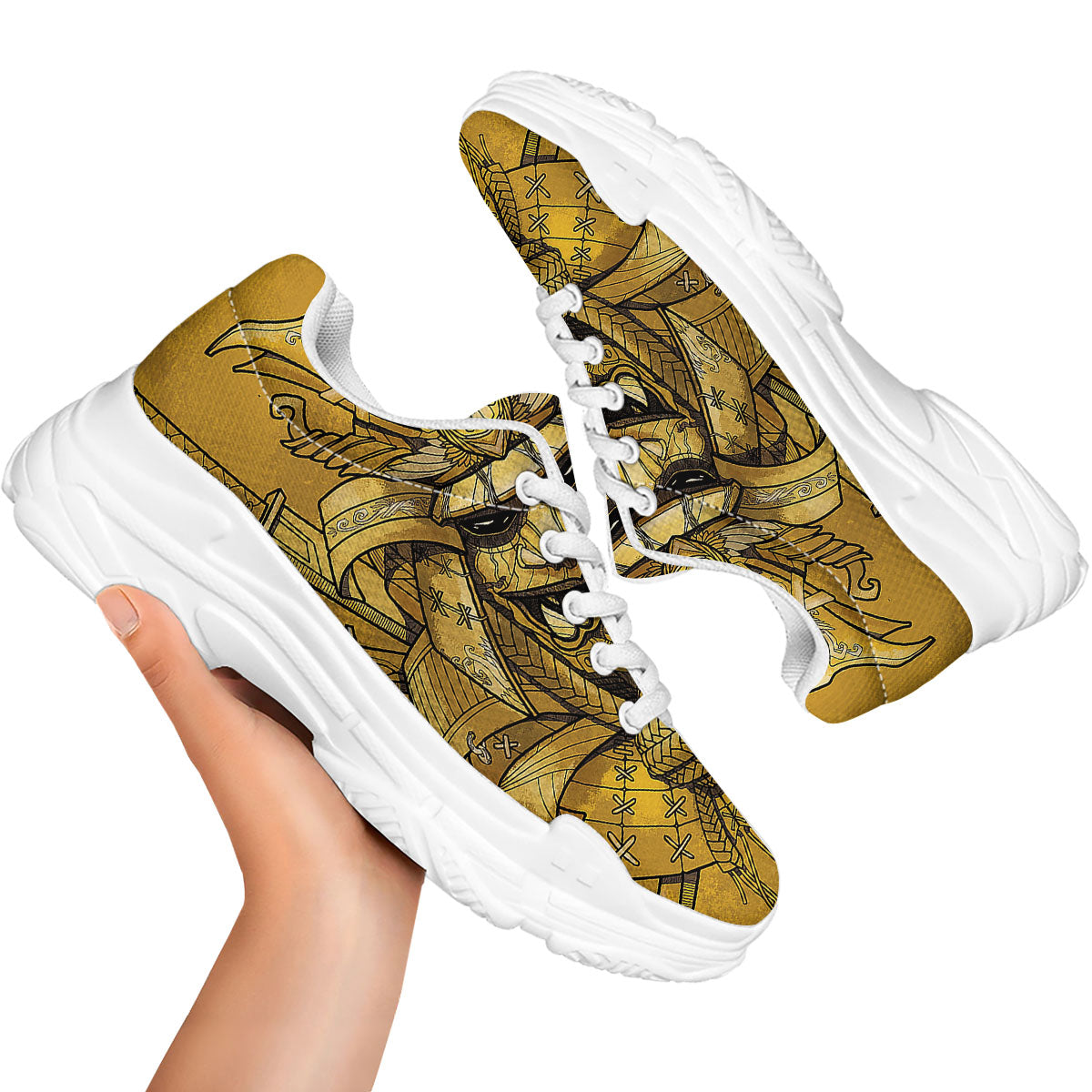 Mask Samurai Gold Print White Chunky Shoes-grizzshop