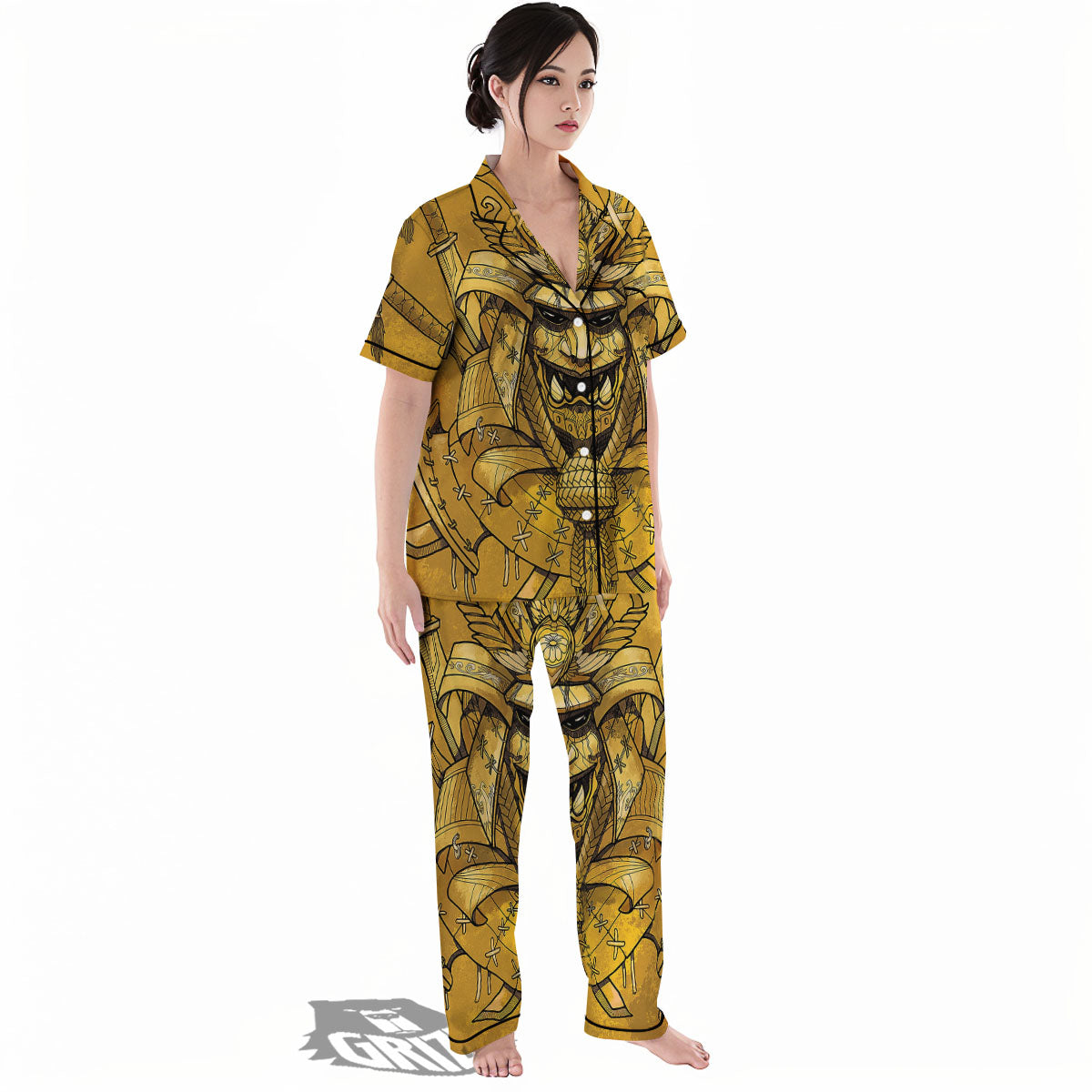 Mask Samurai Gold Print Women's Pajamas Set-grizzshop