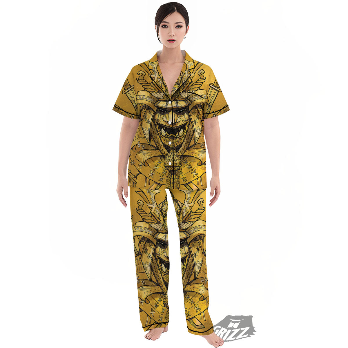 Mask Samurai Gold Print Women's Pajamas Set-grizzshop