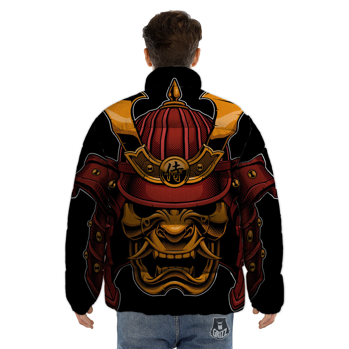 Mask Samurai Warrior Print Puffer Jacket-grizzshop