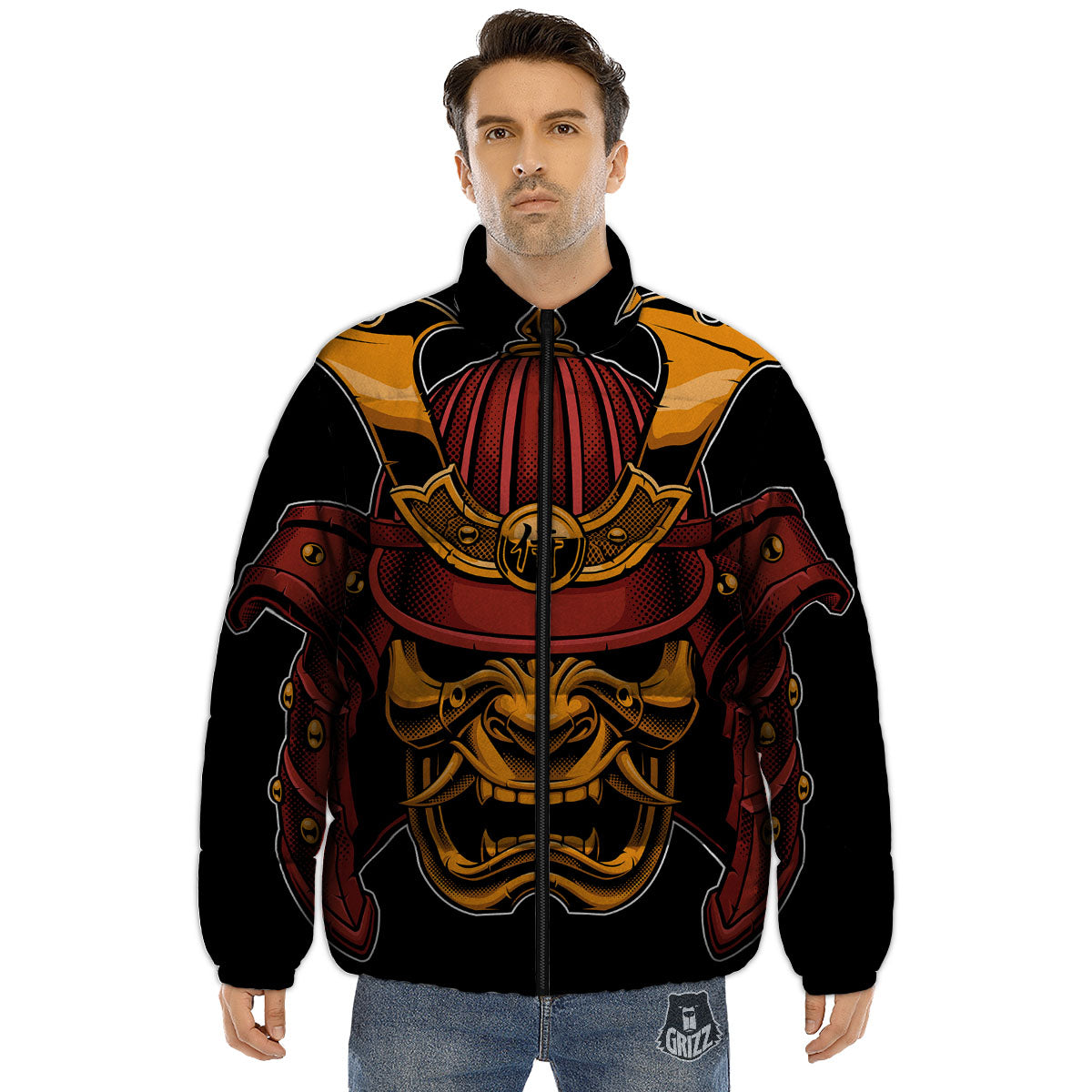 Mask Samurai Warrior Print Puffer Jacket-grizzshop
