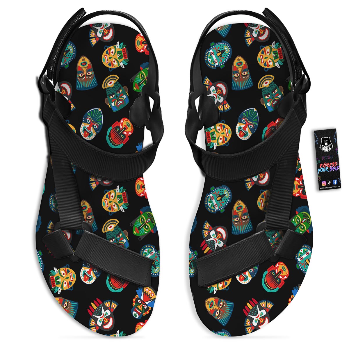 Mask Tribal Tiki Print Pattern Black Open Toe Sandals-grizzshop