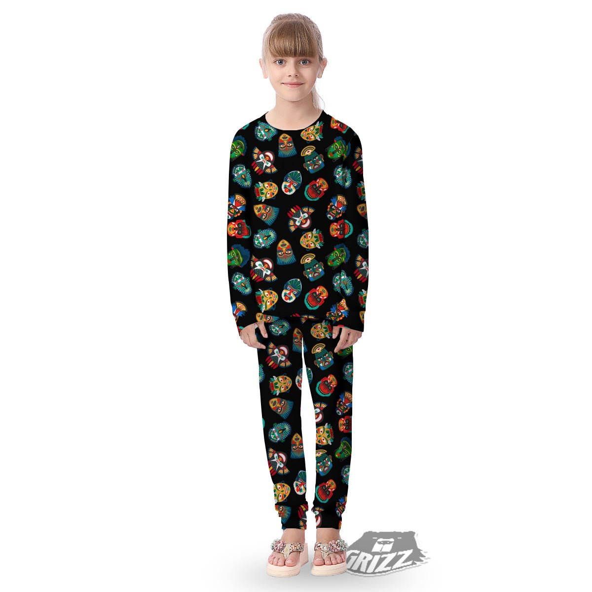 Mask Tribal Tiki Print Pattern Kid's Pajamas-grizzshop