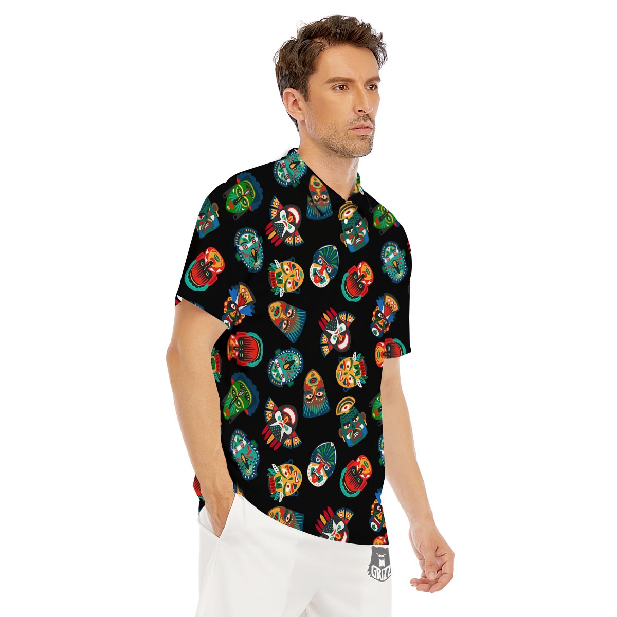Mask Tribal Tiki Print Pattern Men's Golf Shirts-grizzshop