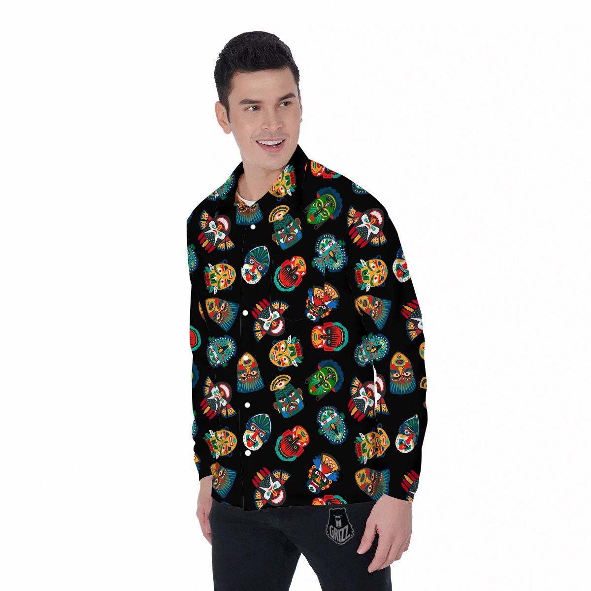 Mask Tribal Tiki Print Pattern Men's Long Sleeve Shirts-grizzshop